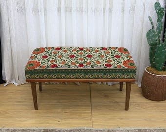 Rectangular Bench with Light Wood Legs Featuring Rounded Middle and Abstract Red Yellow Black Blue Overlapping Arch Triangle Design, Bench