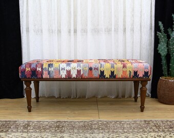 Kilim Bench For Entryway And Bedroom, Ottoman Bench, Long Footstool Or Vanity Seating, Dining Bench, Printed Bench, Dressing Table Bench