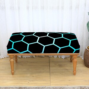 Dark Hexagon Honeycomb Pattern Rectangular Bench with Tech Inspired Look and Natural Wood Legs for Modern Living Room, Bedroom Decor, Bench