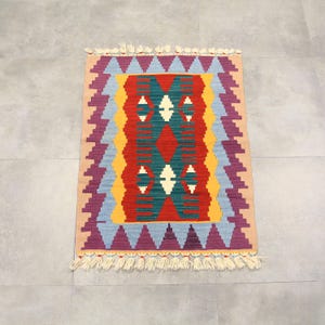 Kilim Rug, Green Red Blue Geometric Oriental Turkish Rug, 2.6 x 3.6 Afghan Kilim Rug, Natural Vegetable dyes, Handmade Wool Weave Kilim Rug