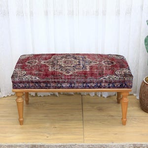 Oriental Turkish Kilim Upholstered Bench, Printed Ottoman Seating or Unique Coffee Table for Living Room, Entryway or Bedroom Decor Accent