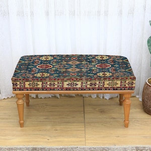 Boho Kilim Upholstered Ottoman Bench, Multi-Purpose Bedroom Seating for Makeup, Footstool, TV Chair, Rest Stool, Home Accent Decorative Seat