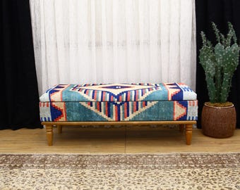 Ottoman Bench, Upholstered Storage Ottoman, Hidden Bench, Modern Home Decor, Furniture for Bedroom, Kilim Rug Bench, Chest Bench, Bed Bench
