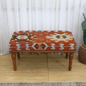Rustic Farmhouse Wooden Kilim Upholstered Bench, Ottoman Entryway Seat, Aztec Tribal Bench, Living Room Furniture Bench, Piano Bench