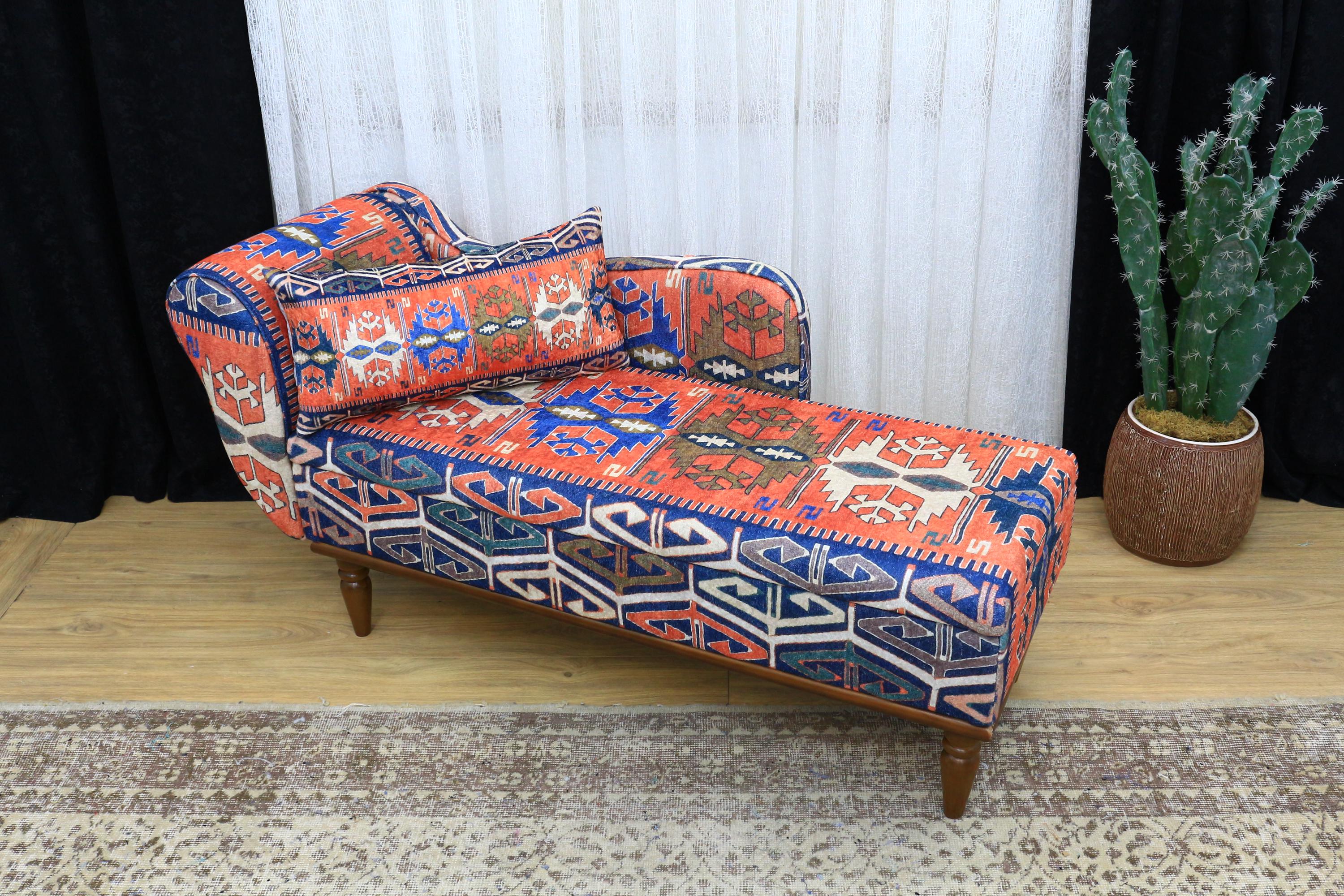 アステカキリム柄収納ベンチ、寝具ベンチ、ストライプ収納付き玄関家具