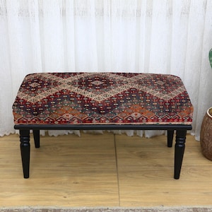 Printed Interior bench, Turkish rug ottoman, Entryway seating bench, Cozy padded bench, Bohemian wood furniture, Bedroom bench, Rustic Stool