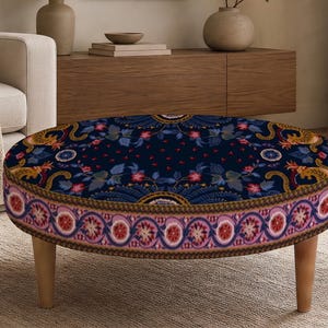 Patchwork Print Round Ottoman, Upholstered Foot Rest, Bedroom Bench Seat, Spring Refresh afbeelding 6