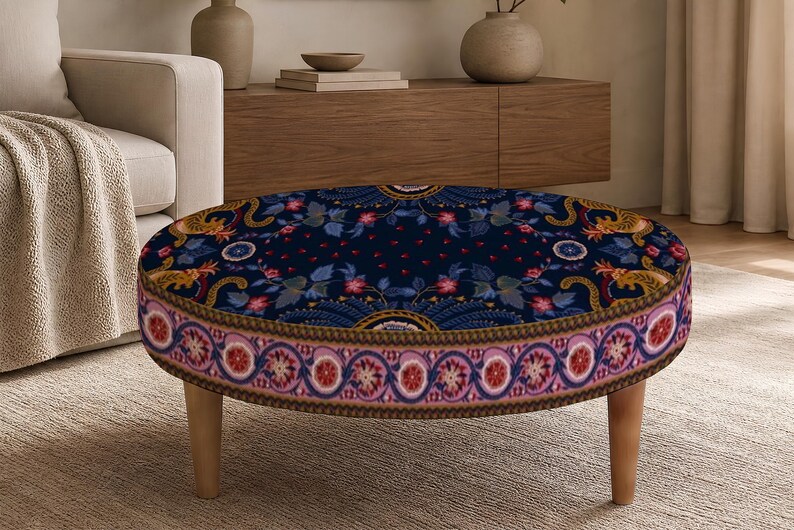 Patchwork Print Round Ottoman, Upholstered Foot Rest, Bedroom Bench Seat, Spring Refresh afbeelding 6