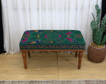 Unique Kilim Upholstered Bench Rustic Ottoman Farmhouse Furniture Tribal Wooden Entryway Accent Seat
