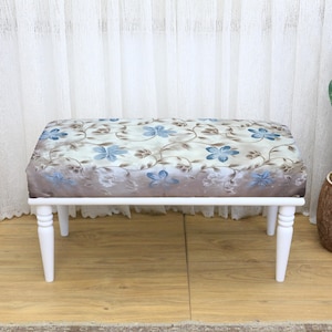 Resting Stool with Blue Floral Pattern on Mixed Gray, Beige, and White Background, Comfortable Upholstered Ottoman Stool for Home Spacing