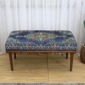 Decorative Boho Kilim Upholstered Ottoman Bench, Printed Multi-Purpose Seat for Makeup, Footstool, TV Chair, Rest Stool, Living Room Accent