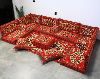 Red Arabic U Shaped Full Set with Rug, Corner Lounge Sofa, Oriental Floor Sofa for Boho, Tea Room Couch Set, Ottoman Sofa, Sectional Sofa