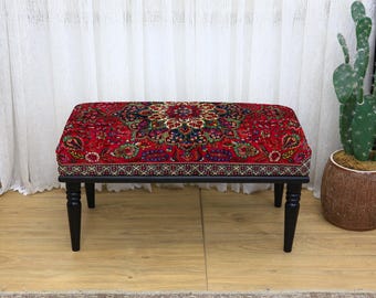 Banco de entrada con estampado de estilo rústico, asiento tapizado rústico, mueble decorativo para recibidor, acogedor banco de madera para entrada.