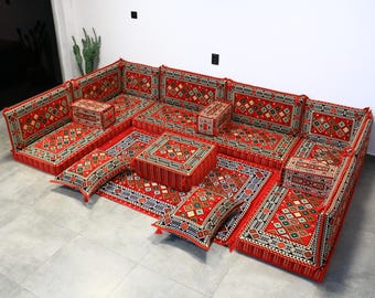 Red Tribal Arabic Floor Sofa Set, L Shaped Full Set with Cushions, Home Decor, Garden Furniture, Kilim Rug, Ottoman Pouf, U FULL Sofa Set