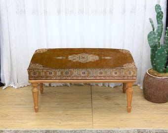 Banc inspiré du Moyen-Orient pour décoration de salon, banc kilim turc, banc rembourré tapis, banc de bout de lit, banc de maquillage, pouf de piano