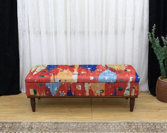 Village Rug Printed Storage Bench, Hallway Bench, Farmhouse Home Decor, End of Bed Bench with Storage, Handmade Living Room Seating, Bench