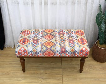 ottoman bench, footstool bench, upholstered bench, turkish rug bench, handmade furniture, piano bench, entry bench, turkish prited bench
