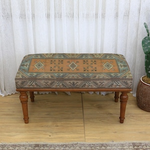 Banco tapizado estilo kilim rústico, otomano de madera, mueble de entrada, asiento decorativo tribal para sala de estar