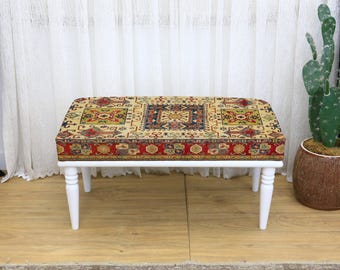 Unique Kilim Ottoman Bench Upholstered Rustic Wooden Farmhouse Entryway Tribal Living Room Accent