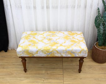 Banco otomano amarillo, sillón puf, taburete kilim decorativo, decoración de entrada, banco de piano, banco tapizado, silla baja, banco para zapatos, banco boho