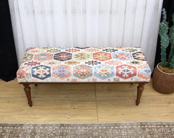 Kilim Bench For Entryway And Bedroom, Ottoman Bench, Long Footstool Or Vanity Seating, Dining Bench, Printed Bench, Dressing Table Bench