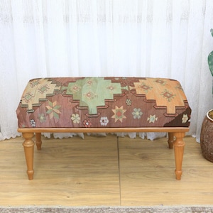 Vintage Turkish Rug Bench with Blue and Rust Kilim Upholstery, Boho Ottoman Seating and Ethnic Accent Furniture for Entryway or Living Room