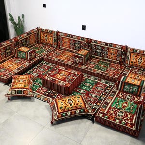 Arabic U Shaped Full Set with Rug, Oriental Floor Seating, Tea Room Sofa Couch Set, Kilim Pattern Pillow, Ottoman Sofa, Corner Lounge Sofa