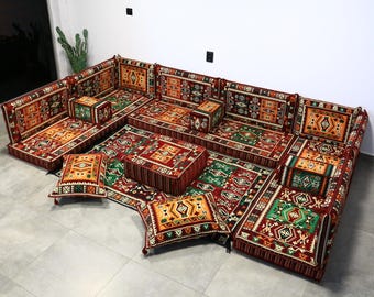 Arabic U Shaped Full Set with Rug, Oriental Floor Seating, Tea Room Sofa Couch Set, Kilim Pattern Pillow, Ottoman Sofa, Corner Lounge Sofa