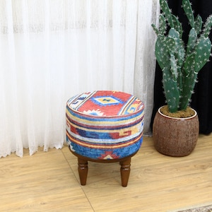 Kilim Design Footstool Bench, Entryway Ottoman And Dressing Table Seating, Round Pouf Chair for Living Room & Kitchen Decor, Yoga stool