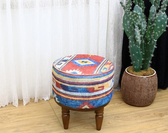 Kilim Design Footstool Bench, Entryway Ottoman And Dressing Table Seating, Round Pouf Chair for Living Room & Kitchen Decor, Yoga stool