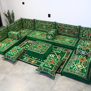 Ottoman Sofa, Kilim Sofa Couch, Vibrant Green Traditional Arabic Majlis, Rug Floor Sofa Set, Oriental Seating for Living Room, Guest Space