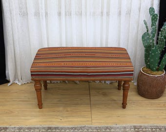 Unique Handwoven Kilim Upholstered Wooden Bench Rustic Ottoman Farmhouse Entryway Seat Tribal Accent Living Room Furniture Decor Accent