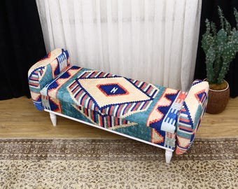 Otomana con almacenaje, Banco para zapatos de entrada, Banco para dormitorio, Almacenamiento con tapa abatible, Banco Kilim con brazos, Baúl de almacenaje, Banco de tocador, Banco de lectura