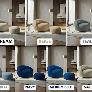 May include: A collection of modern accent chairs and matching ottomans in various colors, including cream, beige, teal, light blue, navy, medium blue, and natural. Each set is displayed in a well-lit, contemporary living space.