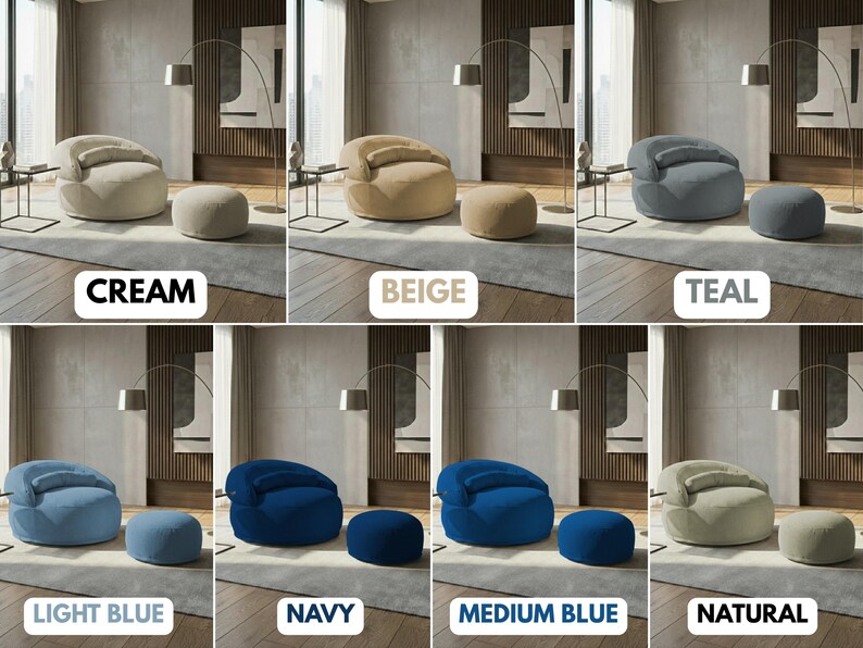 May include: A collection of modern accent chairs and matching ottomans in various colors, including cream, beige, teal, light blue, navy, medium blue, and natural. Each set is displayed in a well-lit, contemporary living space.