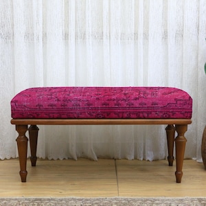 Turkish Style Upholstered Ottoman, Wooden Bench with Red Turkish Rug for Bedroom, Entryway or Living Room Decor, Upholstered Bedroom Seating