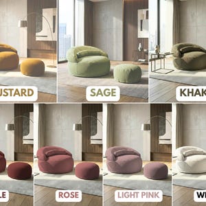 May include: A collection of modern, rounded armchairs and matching ottomans in various colors, including mustard, sage, khaki, tile, rose, light pink, and white. Each set is displayed in a neutral-toned room with a floor lamp and a rug.