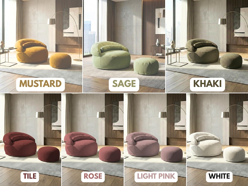 May include: A collection of modern, rounded armchairs and matching ottomans in various colors, including mustard, sage, khaki, tile, rose, light pink, and white. Each set is displayed in a neutral-toned room with a floor lamp and a rug.