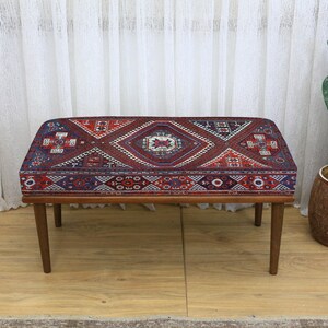 Boho Kilim Living Room Upholstered Ottoman Bench, Multi-Purpose Seating for Makeup, Footstool, TV Chair, Rest Stool, Decorative Home Accent