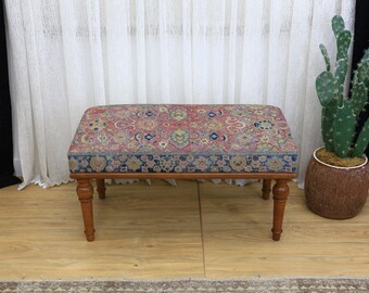 Kilim Polsterbank, Blumenbank, Holzwerkbank, Ottomane Bank, Bauernhaus Eingangsbank, Wohnzimmerakzent mit Stammesmuster