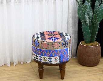 Lila Hocker, Handgemachte Ottomane, Runder Fußhocker, Fußbank Hocker, Boho Bank, Wohnzimmerhocker, Betthocker, Kilim Bank
