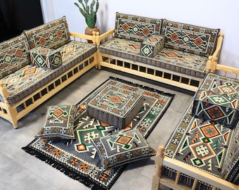 Gray Outdoor Furniture Set, Arabic Patio Seating, Ottoman Sofa, Backyard Decor, Handmade Wooden Bench, Yemen Majlis, Moroccan Sofa Bench Set