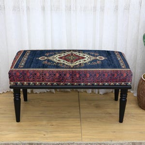 Rectangular Bench with Light Turned Wood Legs and Bold Graffiti-Style Cubist Upholstery in Bright Geometric Colors for Artistic Decor, Bench