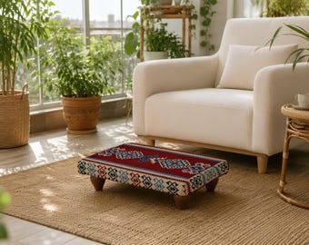 wood footstool, sturdy footstool, farmhouse stool, wooden seating stool, functional stool, small space stool, storage step stool,