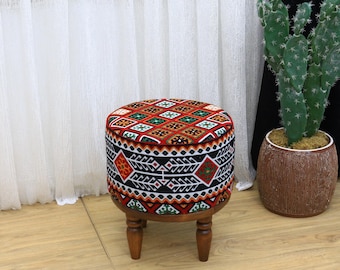 Puf otomano Kilim colorido, reposapiés bohemio multicolor, banco tapizado geométrico tribal, taburete de suelo redondo estético, puf para sala de estar