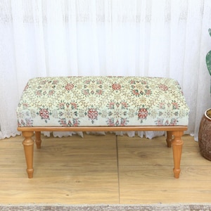 Vintage Upholstered Bench with Floral Turkish Rug Fabric, Boho Ottoman for Hallway, Entry, Living Room or Bedroom Seating, Soft Room Bench