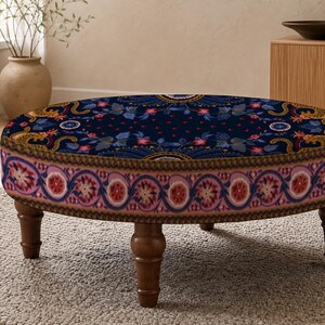 Patchwork Print Round Ottoman, Upholstered Foot Rest, Bedroom Bench Seat, Spring Refresh
