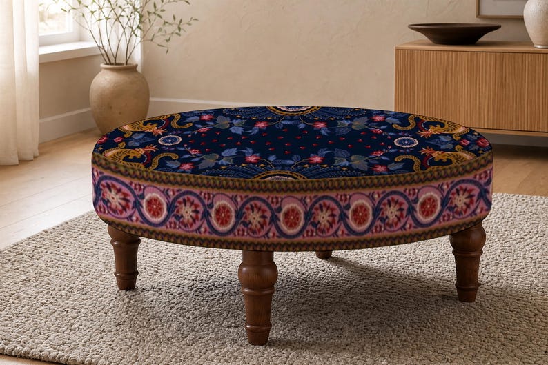 Patchwork Print Round Ottoman, Upholstered Foot Rest, Bedroom Bench Seat, Spring Refresh afbeelding 1