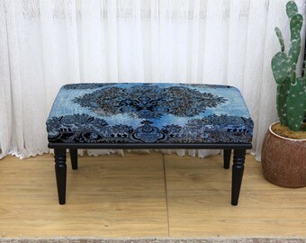 Wooden ottoman bench, Kilim ottoman, Vanity bench, Ethnic kilim bench, Footstool, Printed stool, Housewarming gift, Bedroom bench, Cozy Seat