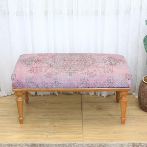 Wooden Ottoman Bench with Anatolian Rug Upholstery, Printed Boho Bench for Dining Table, Bedroom, Entryway or Living Room Furniture, Seating